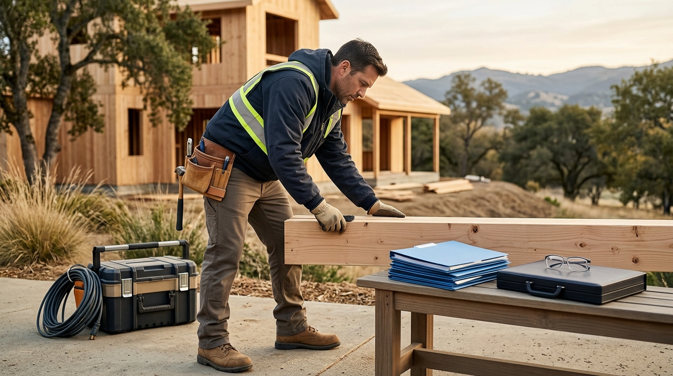 Construction blueprints and safety gear on a jobsite representing California employment classification standards.