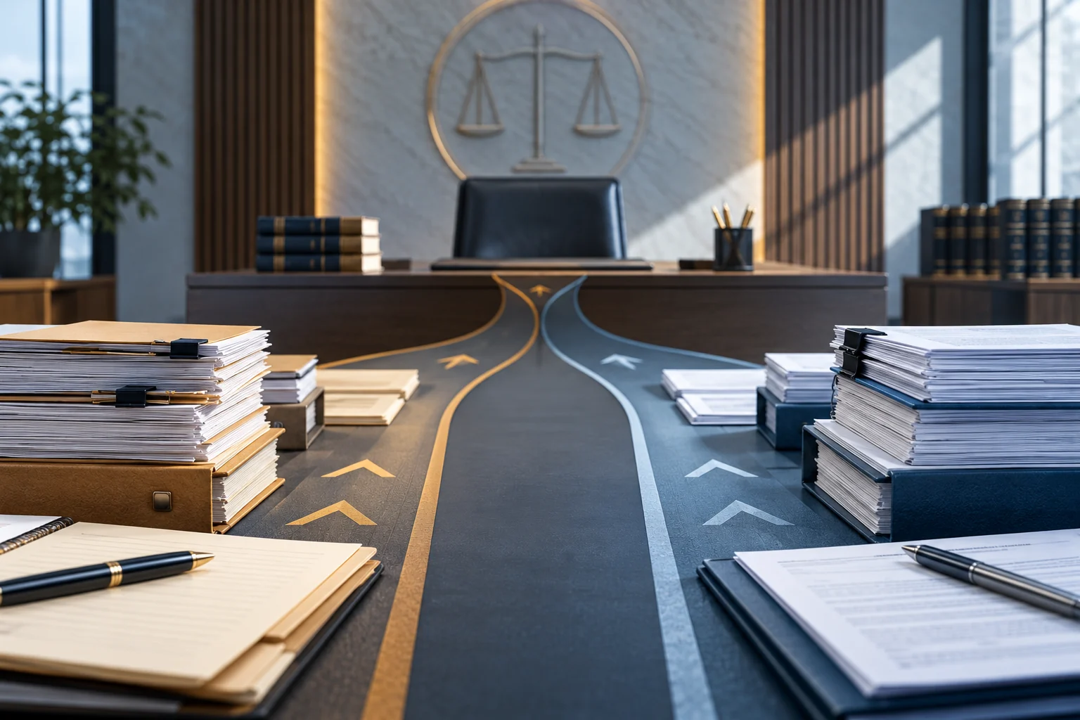 Two procedural document paths converging at an administrative hearing desk